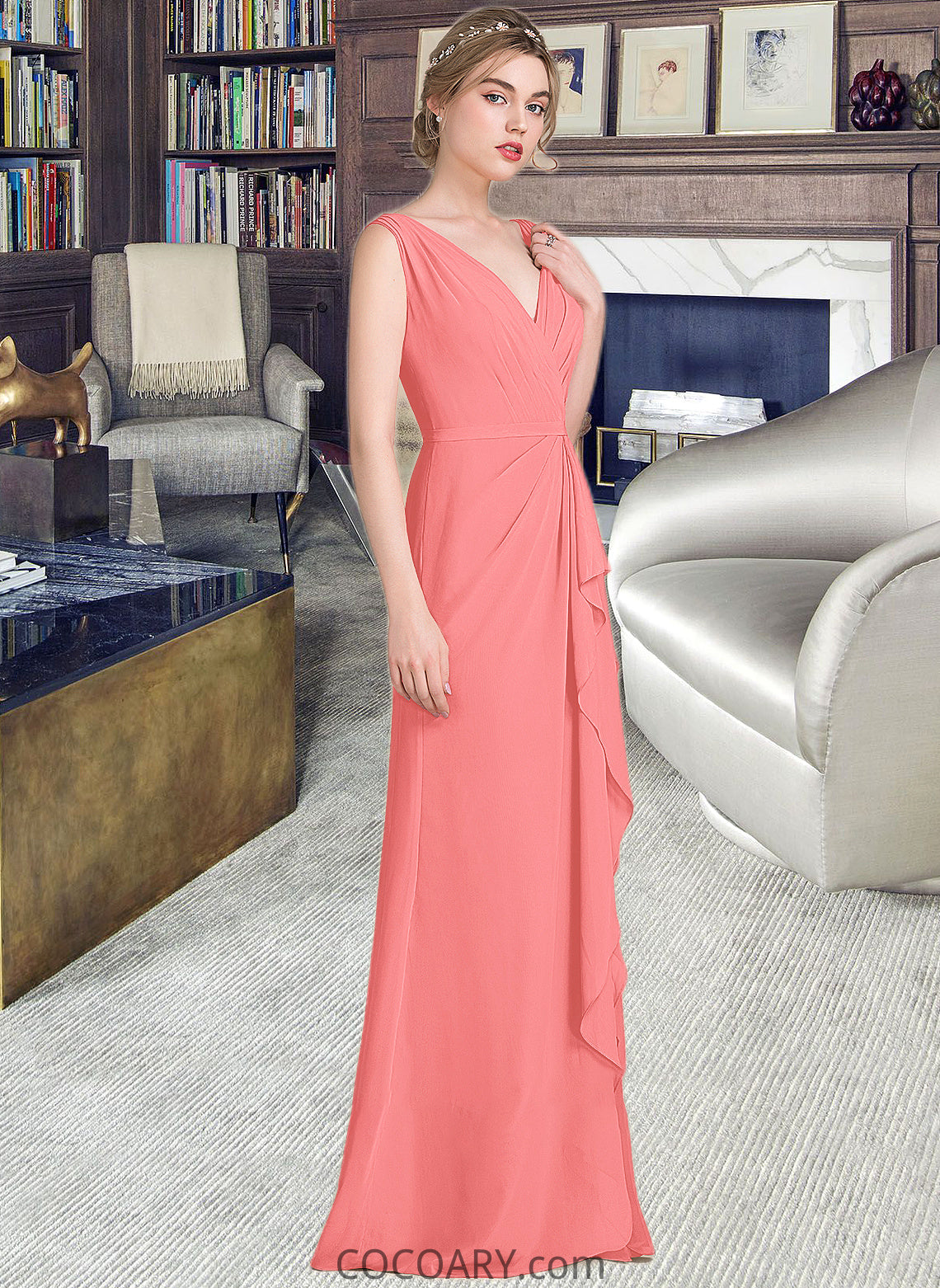 Cherish A-line V-Neck Floor-Length Chiffon Bridesmaid Dress With Cascading Ruffles DA8P0013021