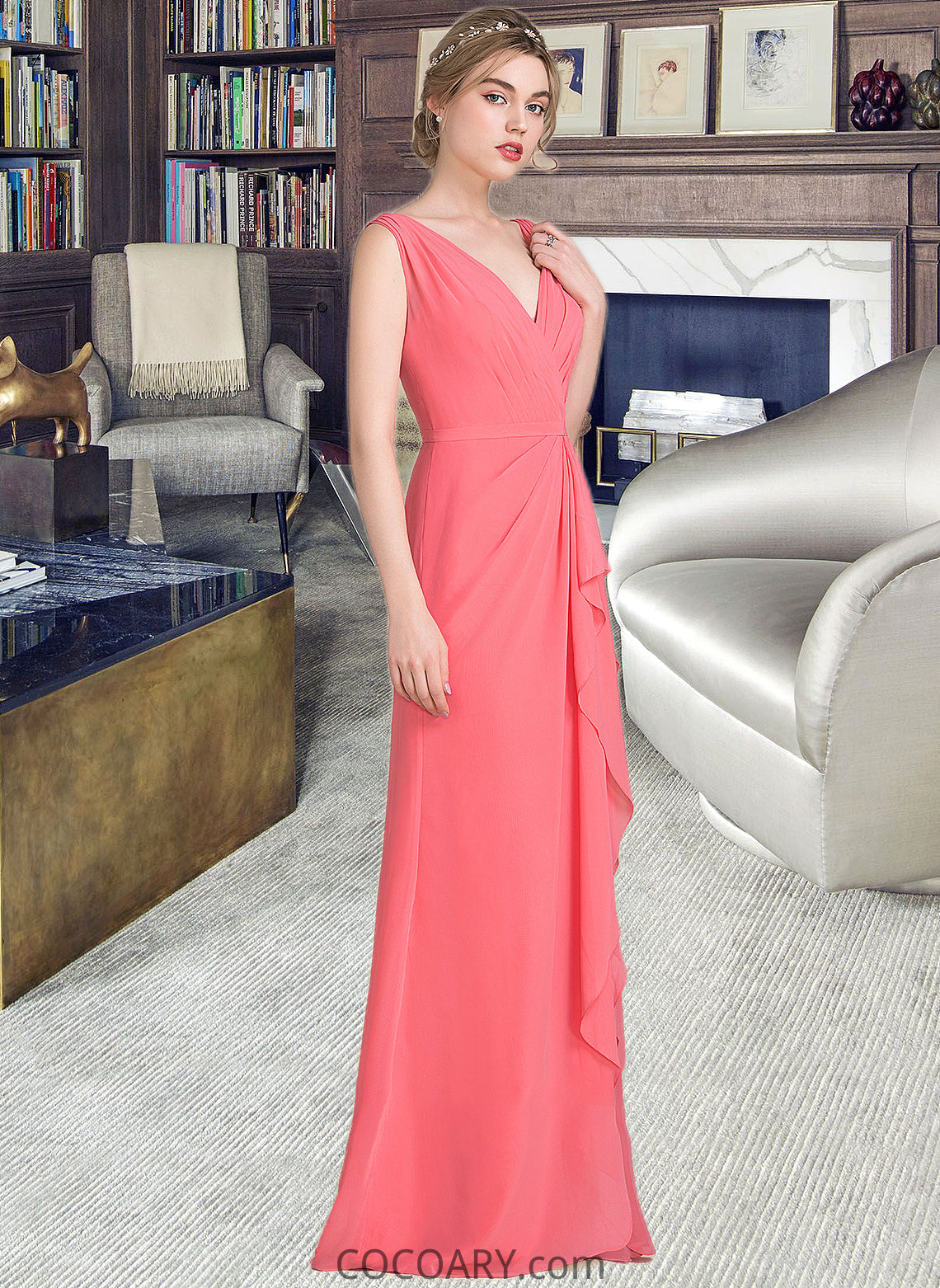 Cherish A-line V-Neck Floor-Length Chiffon Bridesmaid Dress With Cascading Ruffles DA8P0013021