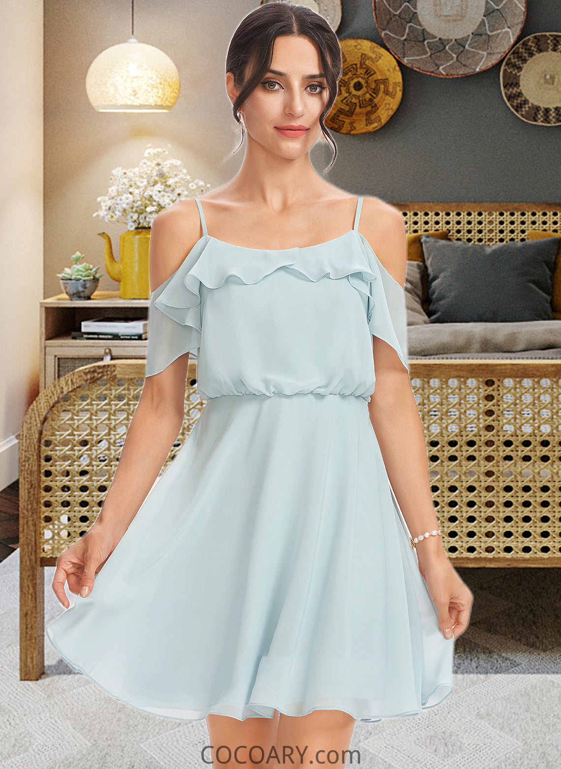 Cierra A-Line V-neck Short/Mini Bridesmaid Dress With Cascading Ruffles DA8P0013023