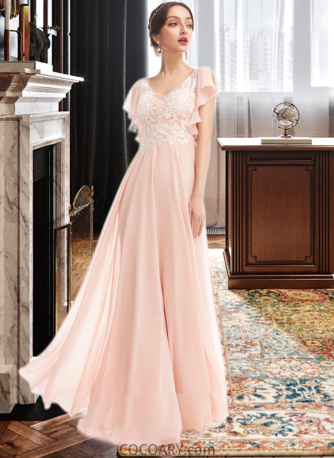 Abigail A-Line V-neck Floor-Length Bridesmaid Dress With Ruffle DA8P0013025