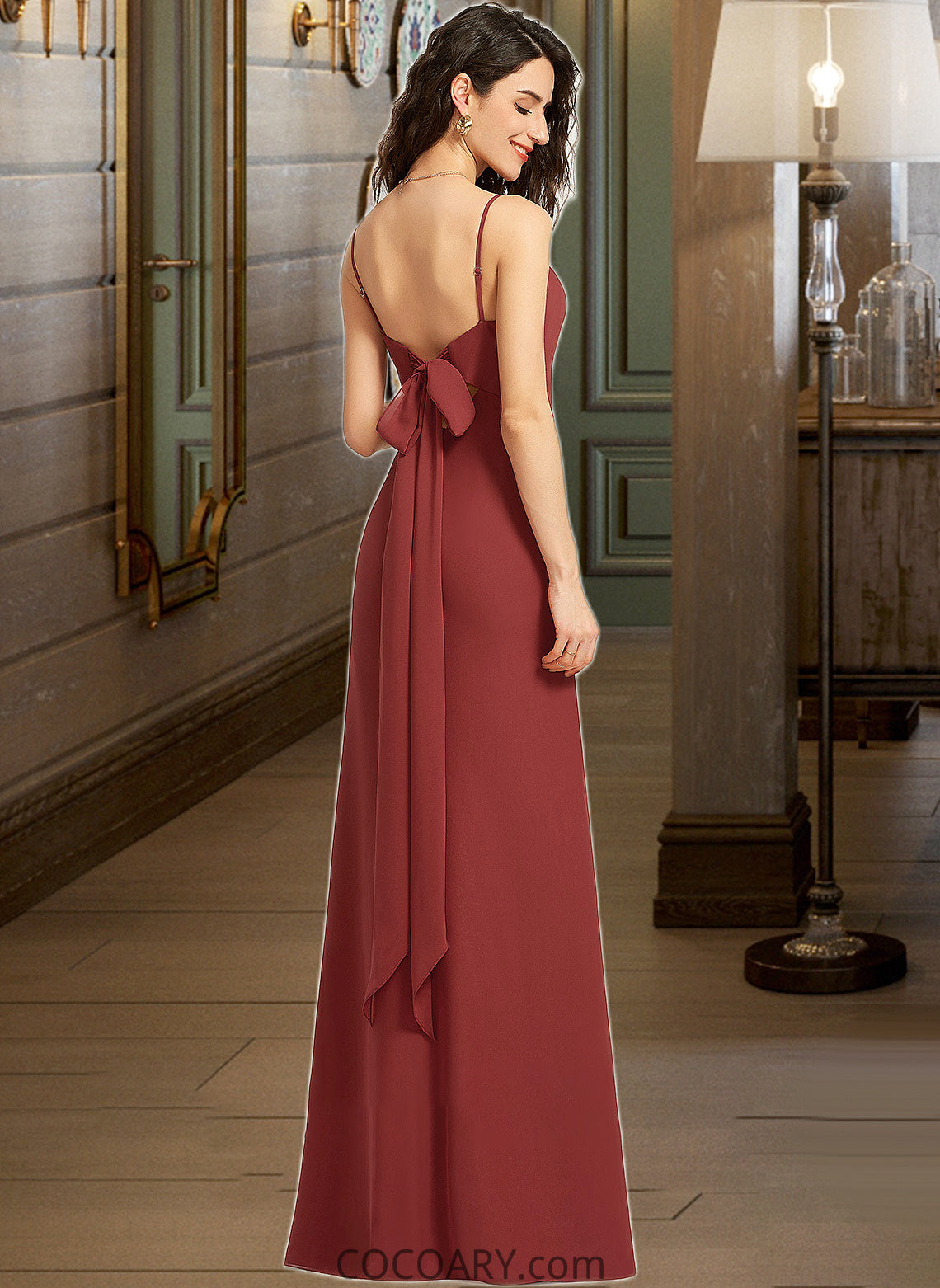 Marie Sheath/Column Square Neckline Floor-Length Bridesmaid Dress With Split Front DA8P0013026