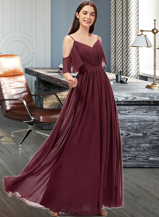 Hallie A-line V-Neck Floor-Length Chiffon Bridesmaid Dress With Ruffle DA8P0013031