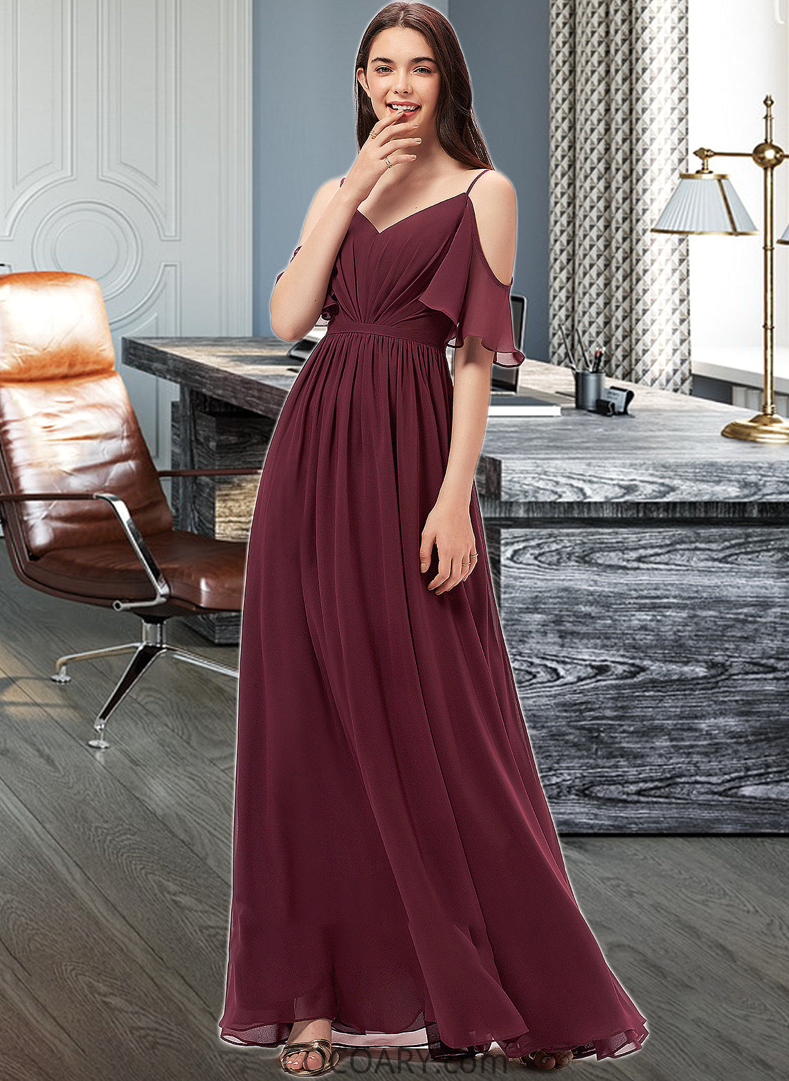 Hallie A-line V-Neck Floor-Length Chiffon Bridesmaid Dress With Ruffle DA8P0013031