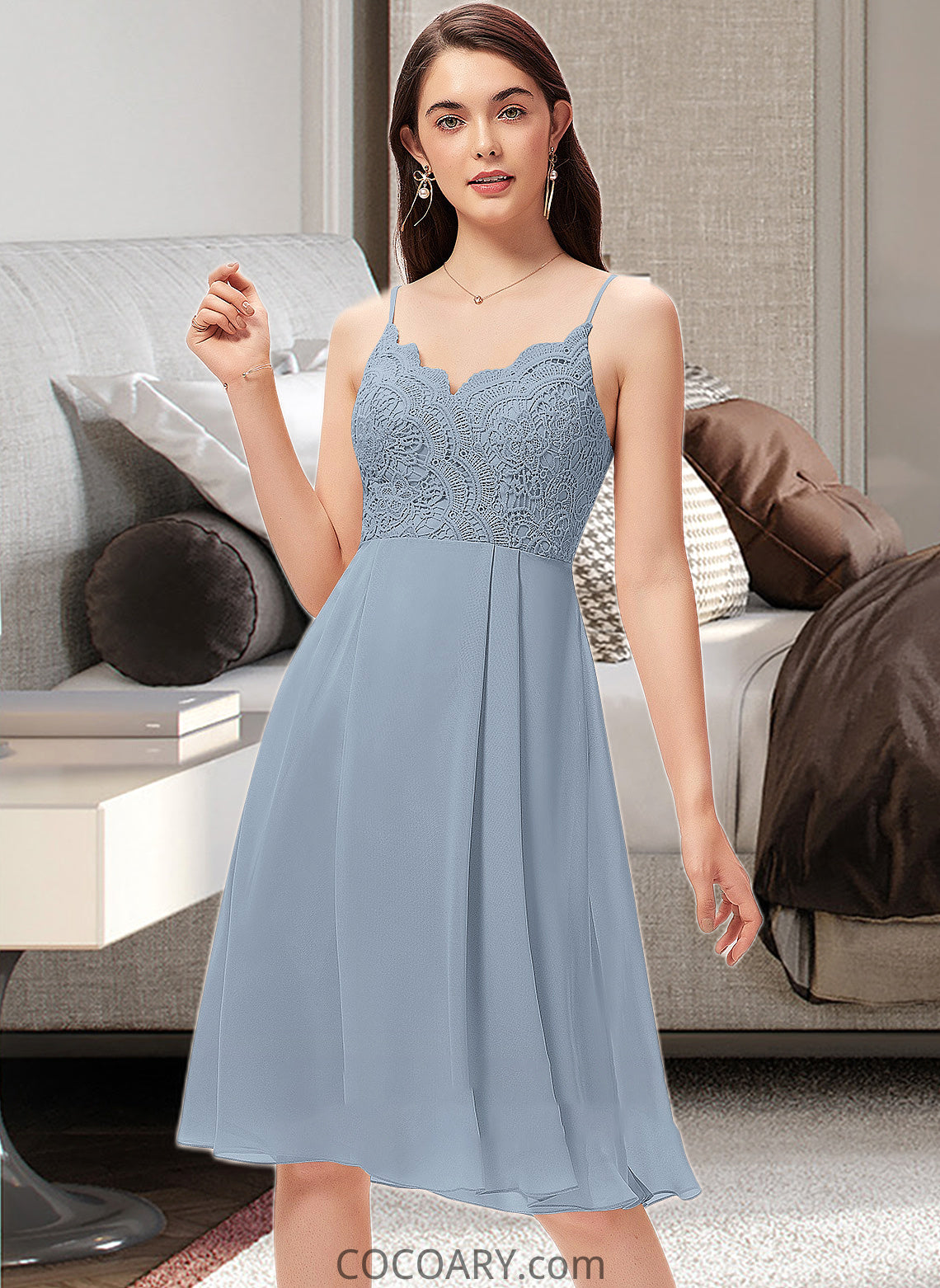 Lila A-Line V-neck Knee-Length Chiffon Lace Bridesmaid Dress DA8P0013032