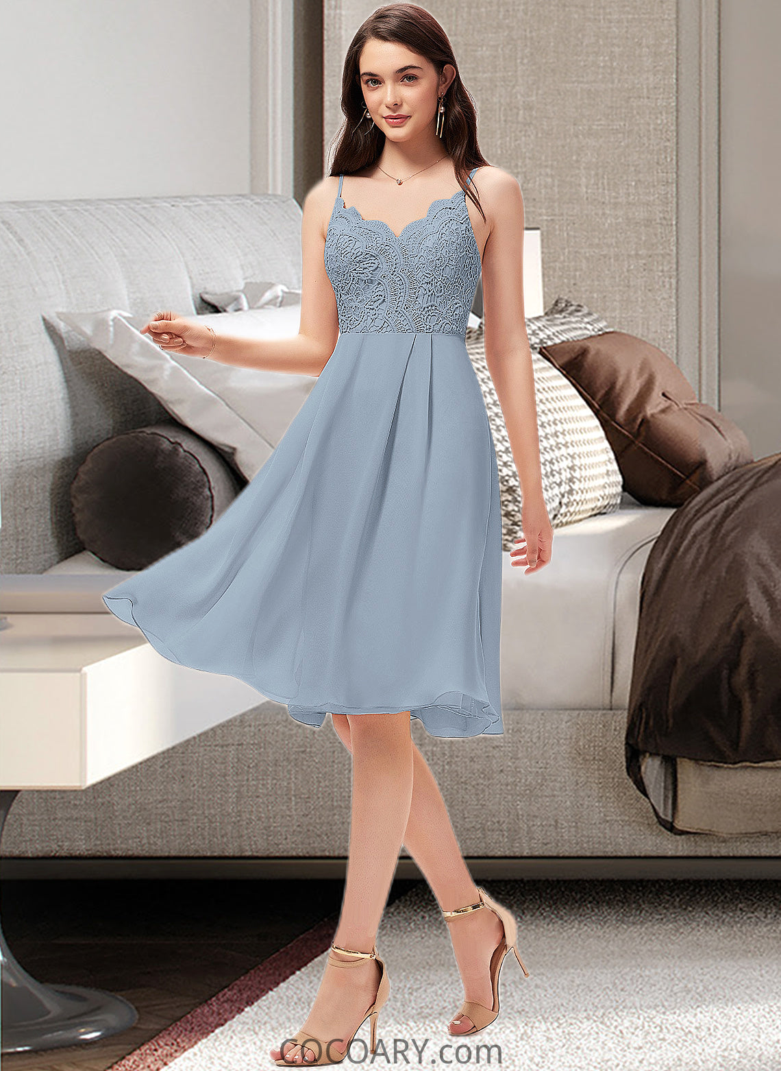 Lila A-Line V-neck Knee-Length Chiffon Lace Bridesmaid Dress DA8P0013032