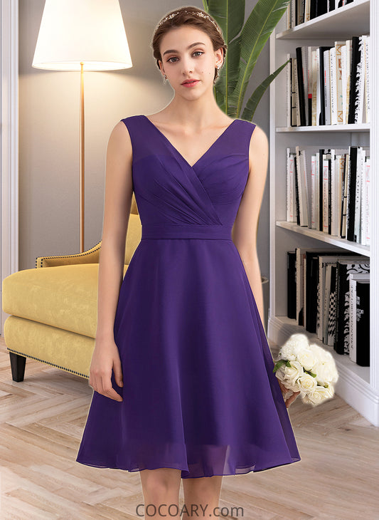 Kara A-Line V-neck Knee-Length Chiffon Bridesmaid Dress With Ruffle DA8P0013039