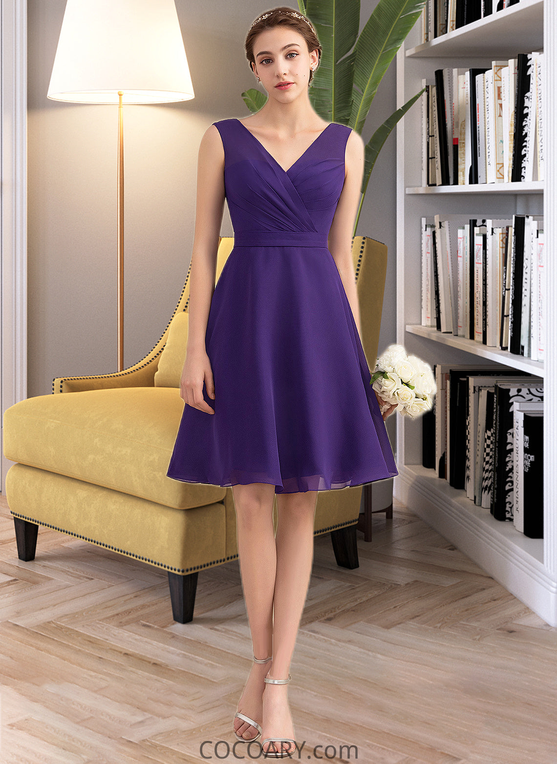 Kara A-Line V-neck Knee-Length Chiffon Bridesmaid Dress With Ruffle DA8P0013039