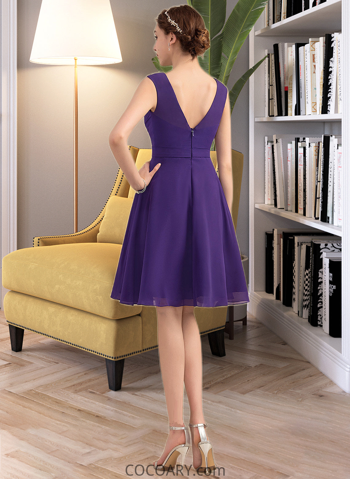 Kara A-Line V-neck Knee-Length Chiffon Bridesmaid Dress With Ruffle DA8P0013039