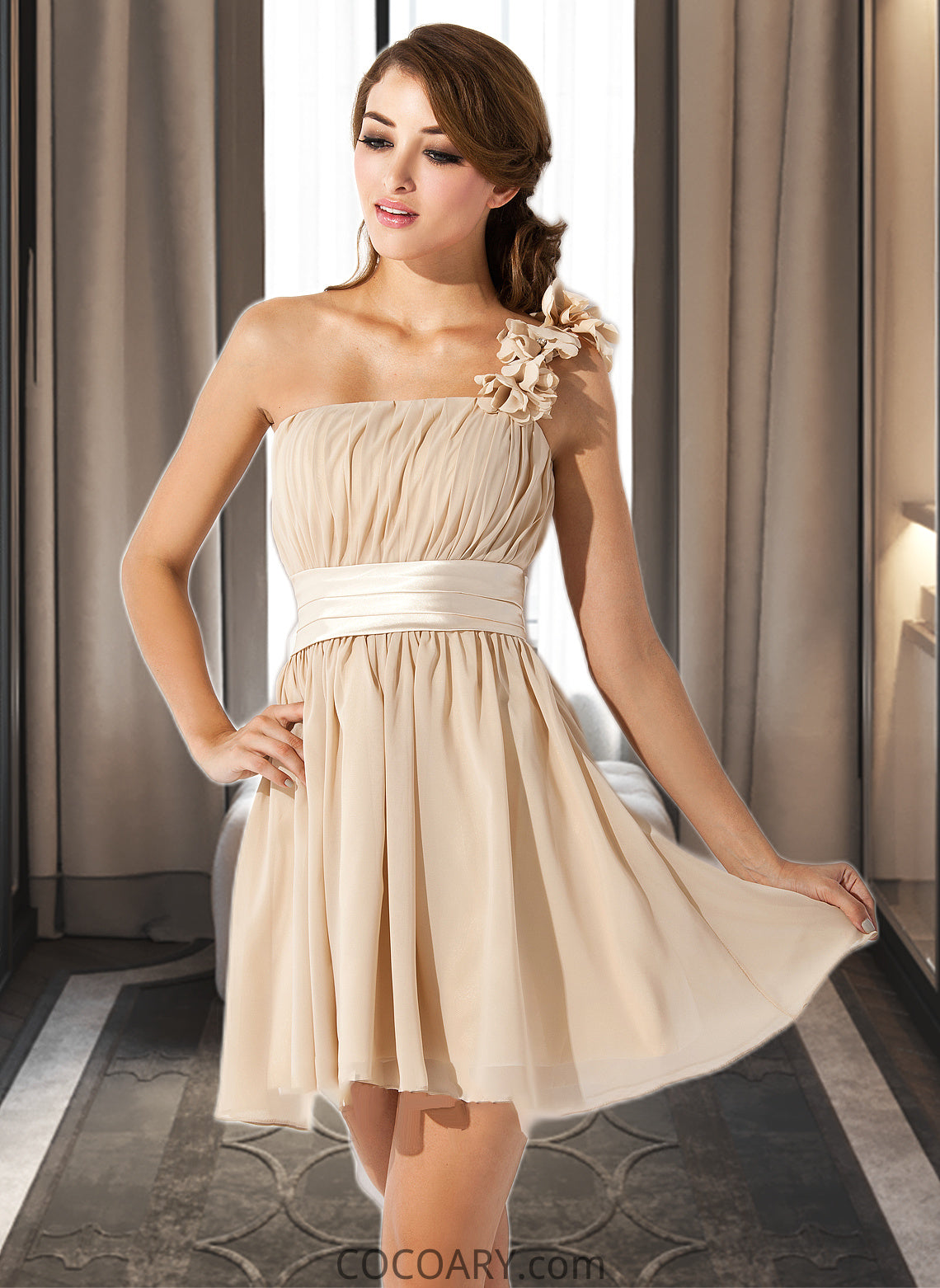 Sal A-Line/Princess One-Shoulder Short/Mini Chiffon Bridesmaid Dress With Ruffle Flower(s) Bow(s) DA8P0013040