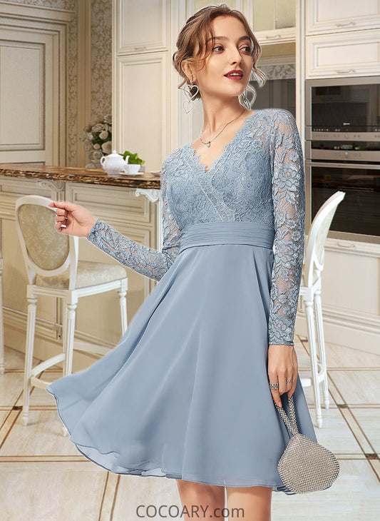 Viola A-line V-Neck Knee-Length Chiffon Lace Bridesmaid Dress DA8P0013042