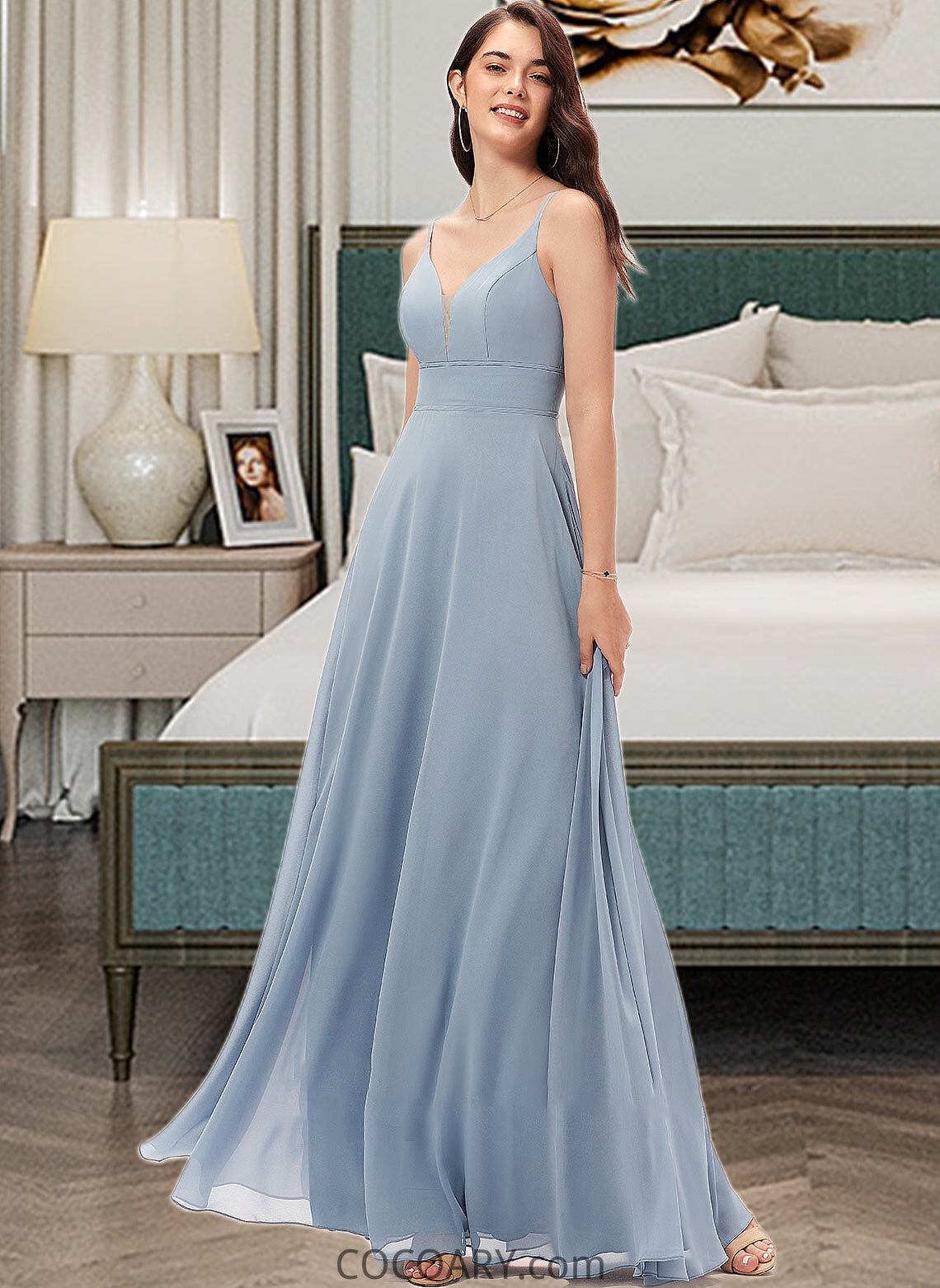 Athena A-line V-Neck Floor-Length Chiffon Bridesmaid Dress DA8P0013043