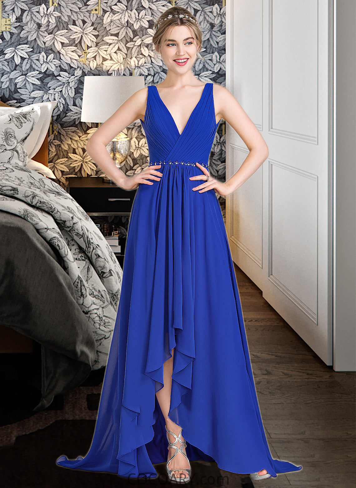 Alicia A-Line V-neck Asymmetrical Chiffon Bridesmaid Dress With Ruffle Beading Sequins DA8P0013047