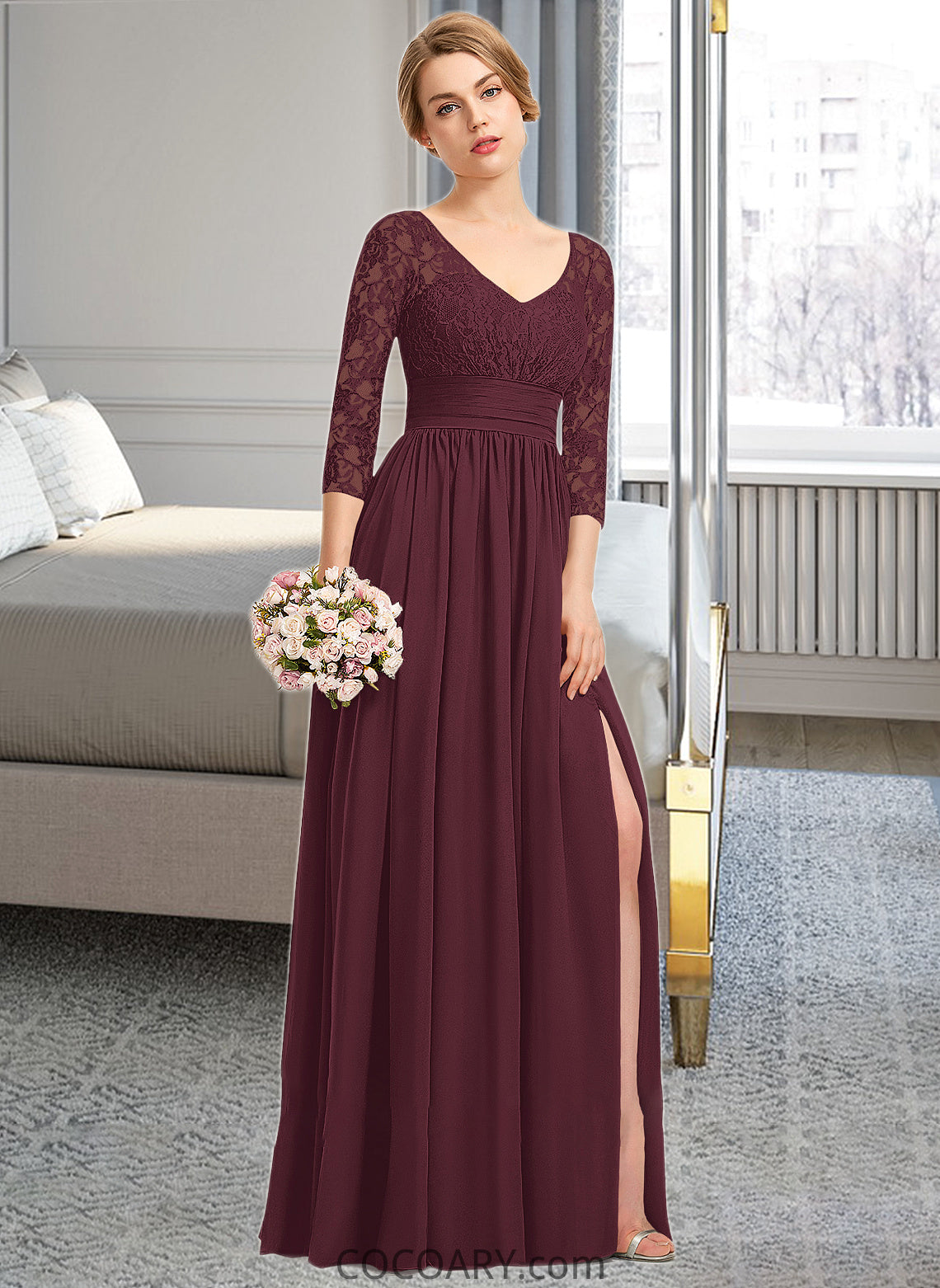 Ali A-Line V-neck Floor-Length Chiffon Lace Bridesmaid Dress With Ruffle Split Front DA8P0013051