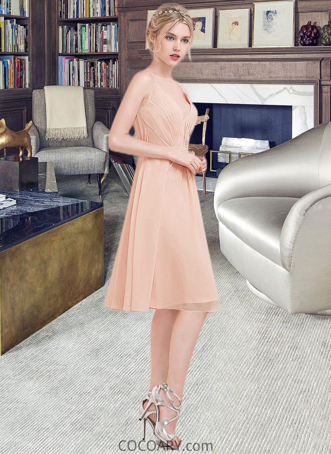 Victoria A-line V-Neck Knee-Length Chiffon Bridesmaid Dress With Ruffle DA8P0013053