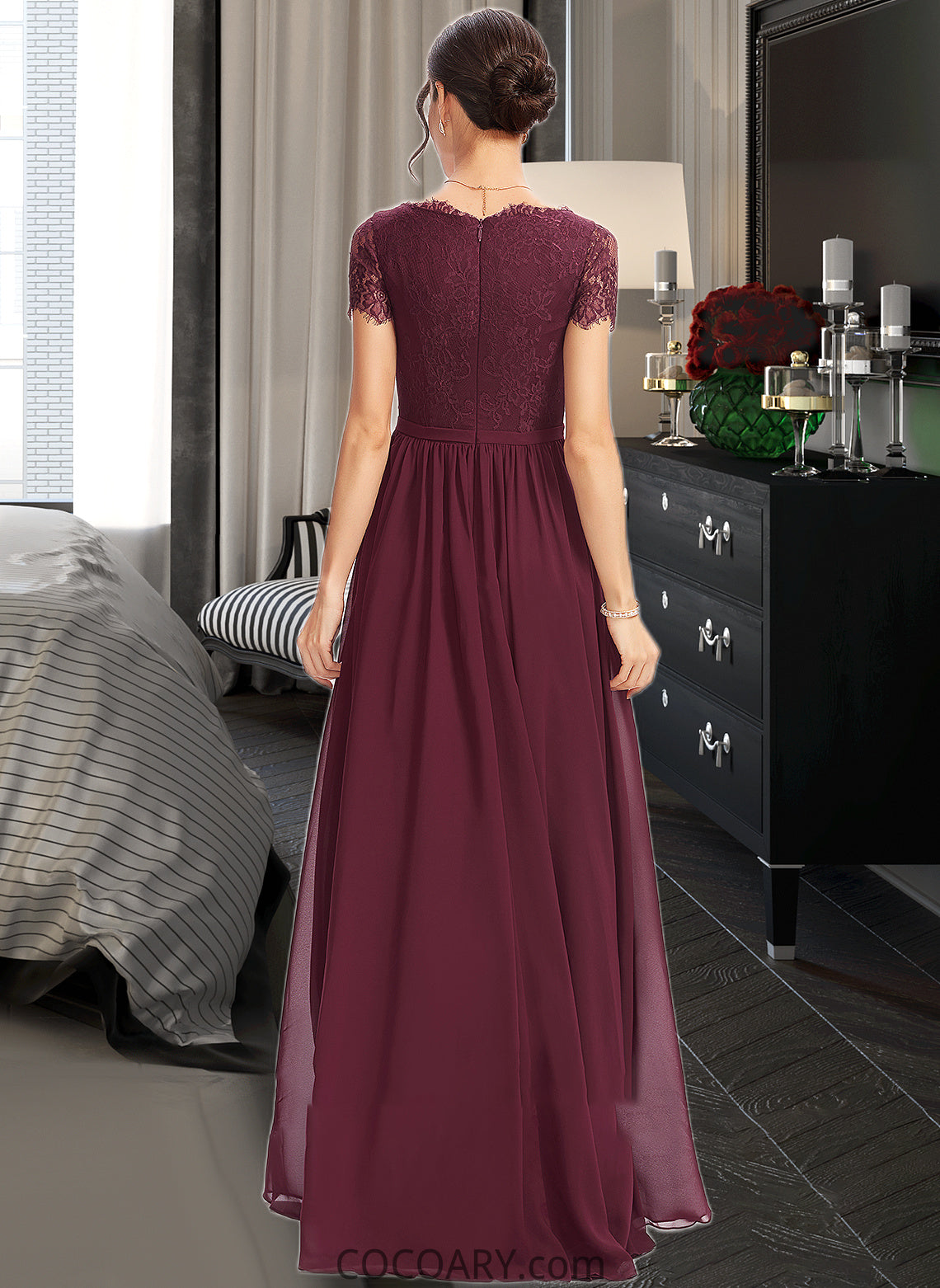 Aimee A-Line V-neck Floor-Length Bridesmaid Dress With Lace DA8P0013056