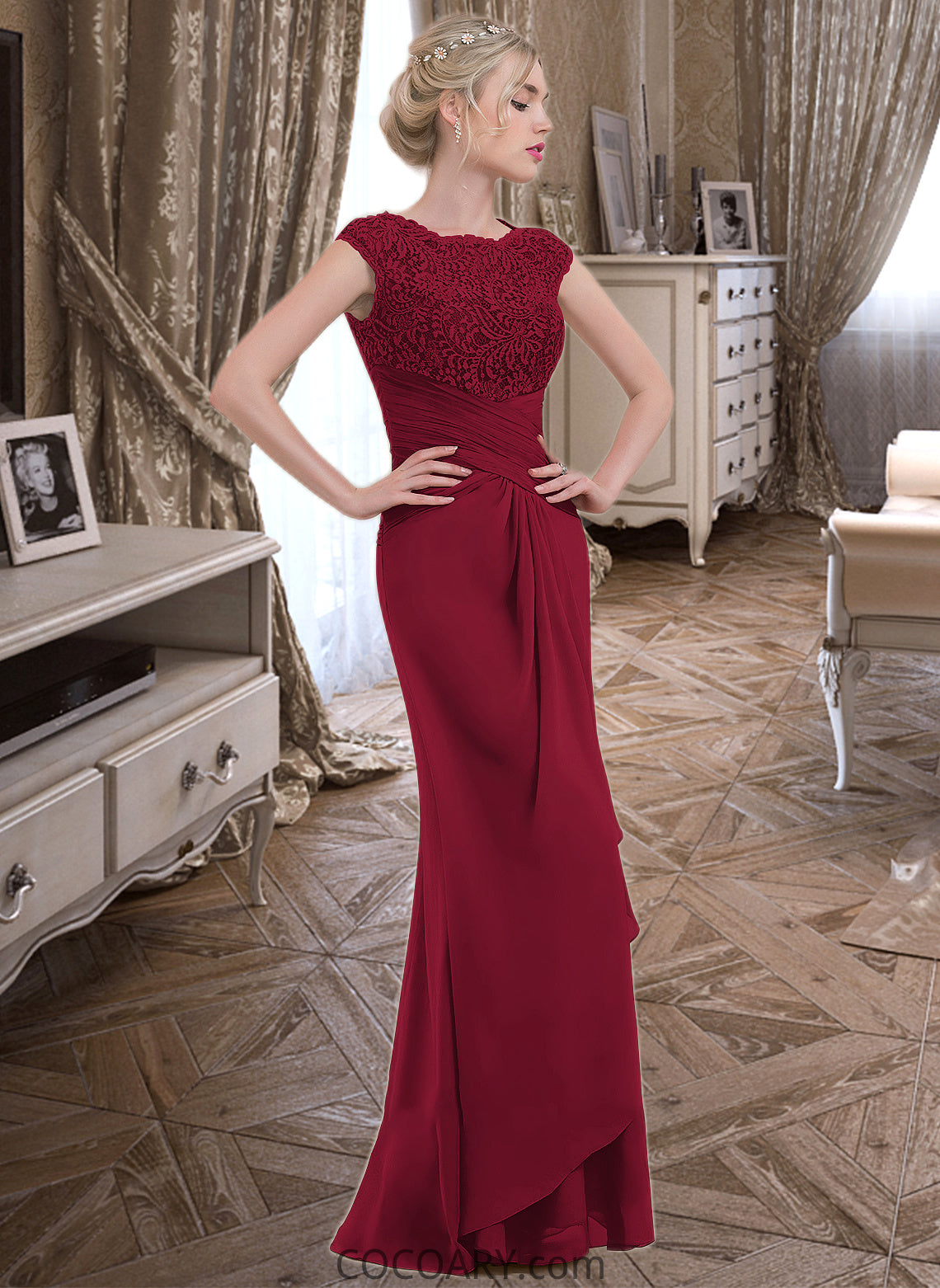 Laney Sheath/Column Scoop Neck Floor-Length Chiffon Lace Bridesmaid Dress With Cascading Ruffles DA8P0013057