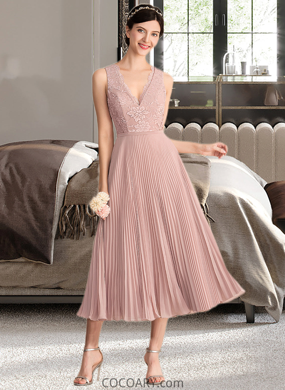 Leilani A-Line V-neck Tea-Length Chiffon Lace Bridesmaid Dress With Pleated DA8P0013067