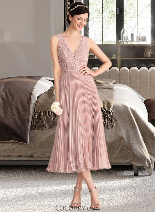 Leilani A-Line V-neck Tea-Length Chiffon Lace Bridesmaid Dress With Pleated DA8P0013067