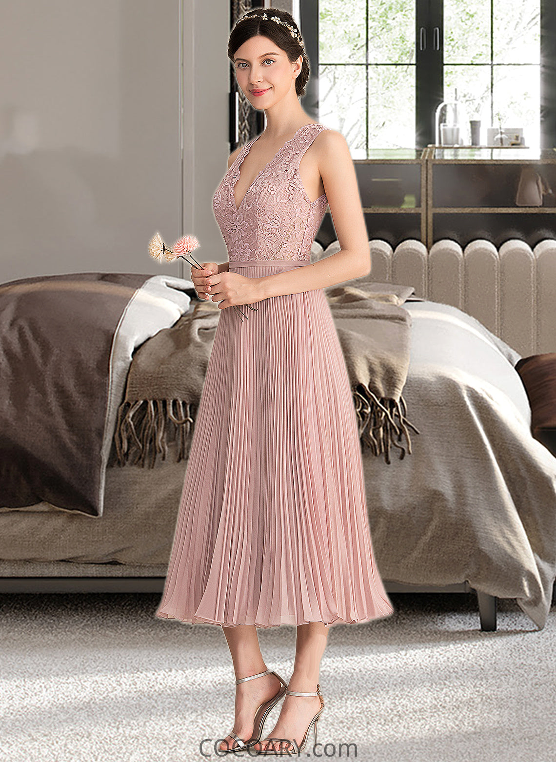 Leilani A-Line V-neck Tea-Length Chiffon Lace Bridesmaid Dress With Pleated DA8P0013067