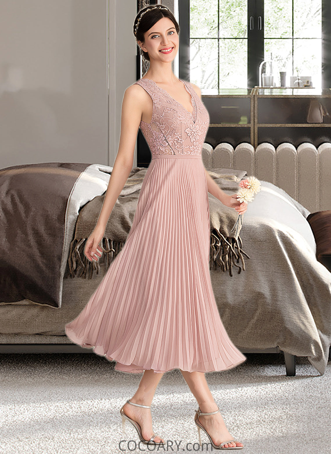 Leilani A-Line V-neck Tea-Length Chiffon Lace Bridesmaid Dress With Pleated DA8P0013067