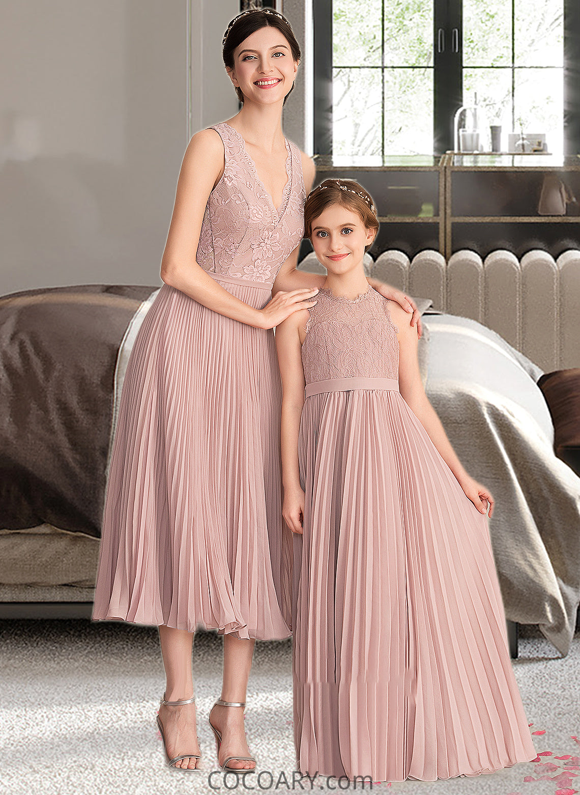 Leilani A-Line V-neck Tea-Length Chiffon Lace Bridesmaid Dress With Pleated DA8P0013067