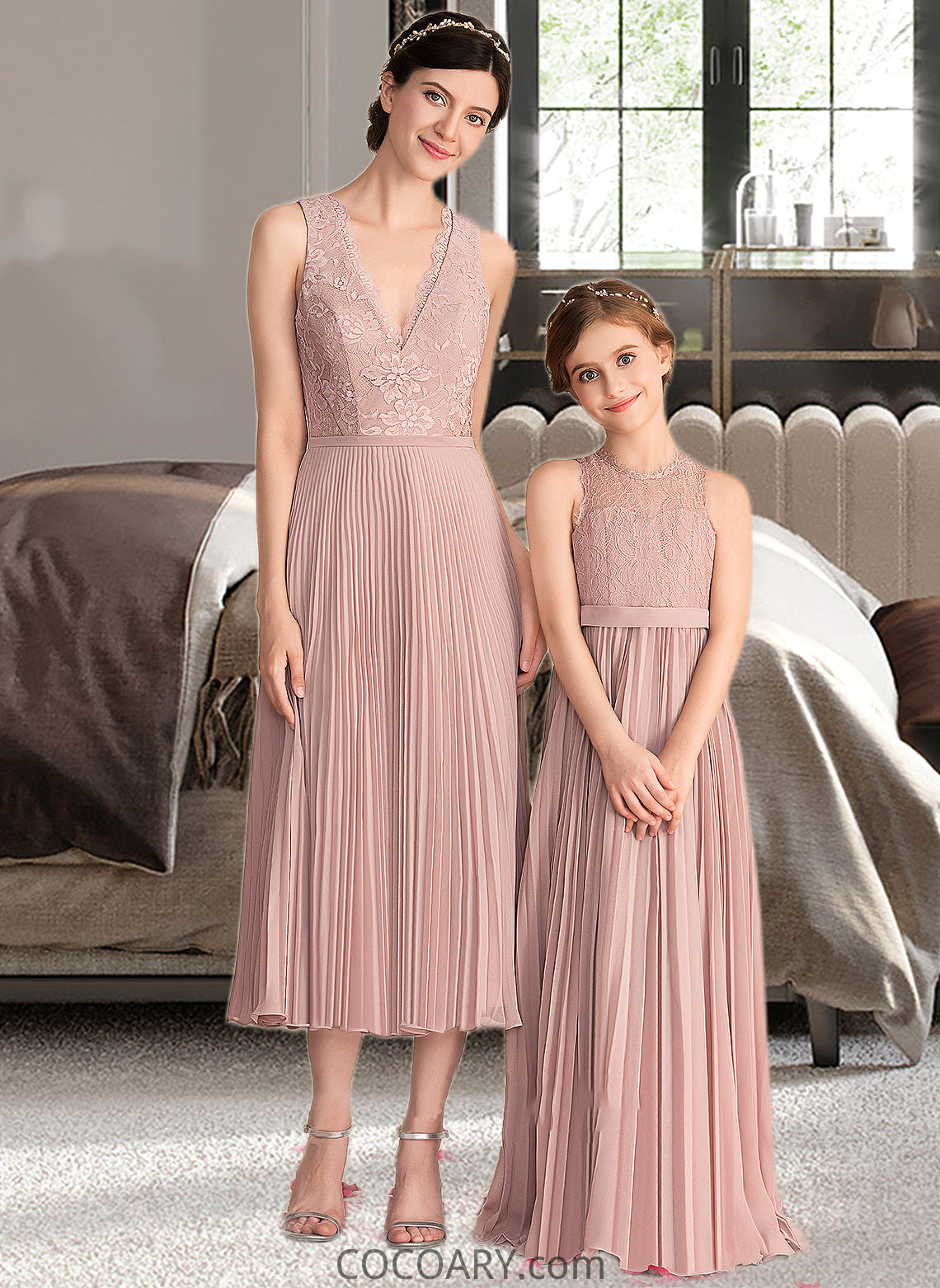 Leilani A-Line V-neck Tea-Length Chiffon Lace Bridesmaid Dress With Pleated DA8P0013067