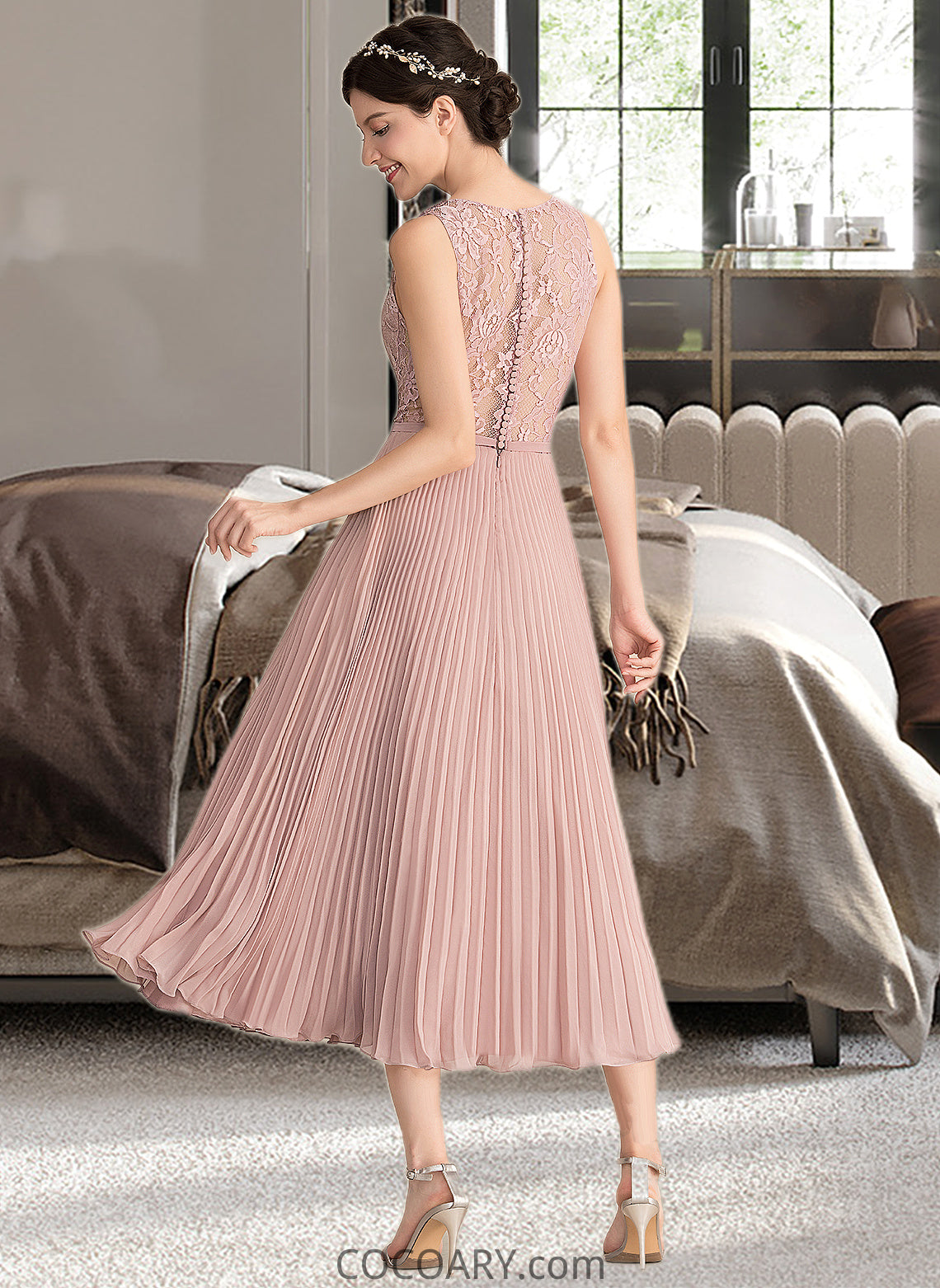 Leilani A-Line V-neck Tea-Length Chiffon Lace Bridesmaid Dress With Pleated DA8P0013067