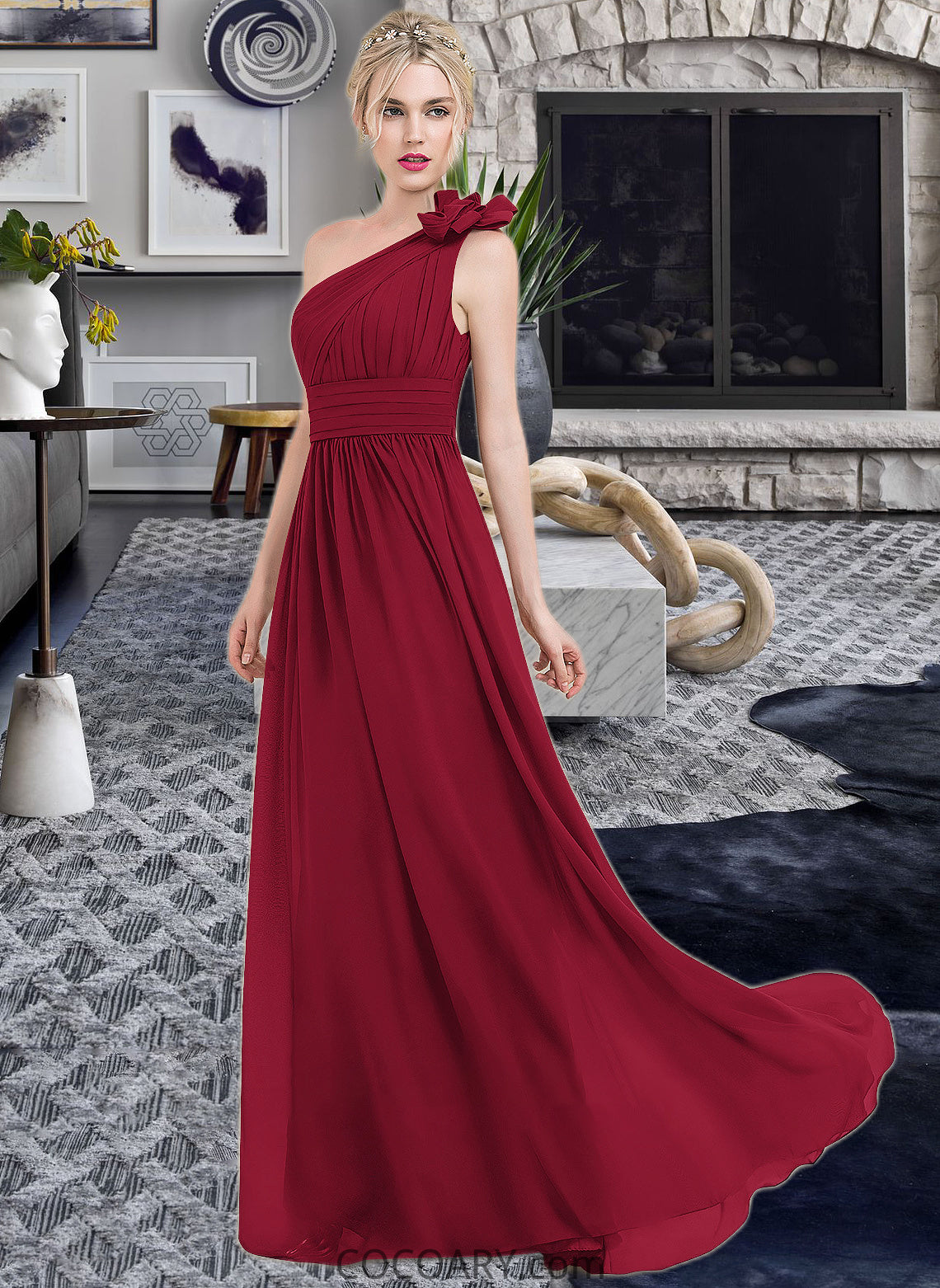 Sam A-Line One-Shoulder Floor-Length Chiffon Bridesmaid Dress With Ruffle Flower(s) DA8P0013069