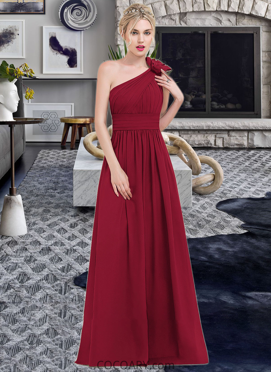 Sam A-Line One-Shoulder Floor-Length Chiffon Bridesmaid Dress With Ruffle Flower(s) DA8P0013069