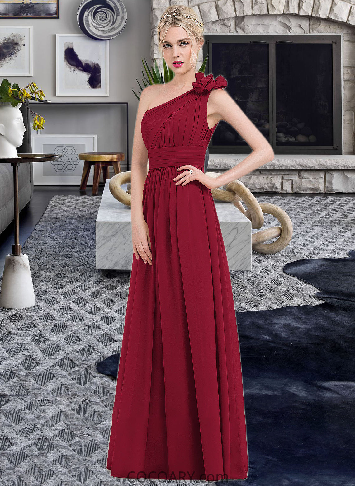 Sam A-Line One-Shoulder Floor-Length Chiffon Bridesmaid Dress With Ruffle Flower(s) DA8P0013069