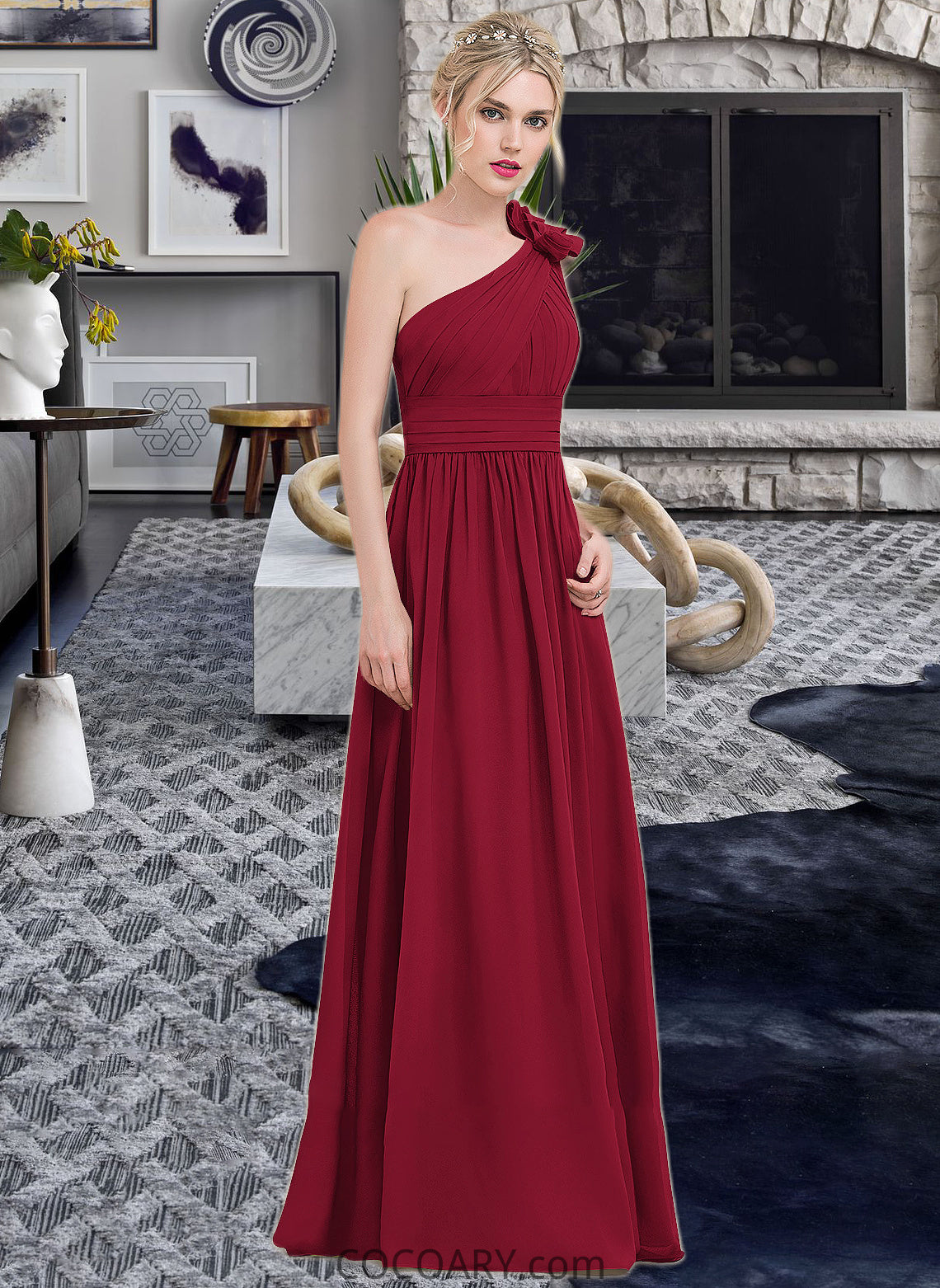 Sam A-Line One-Shoulder Floor-Length Chiffon Bridesmaid Dress With Ruffle Flower(s) DA8P0013069