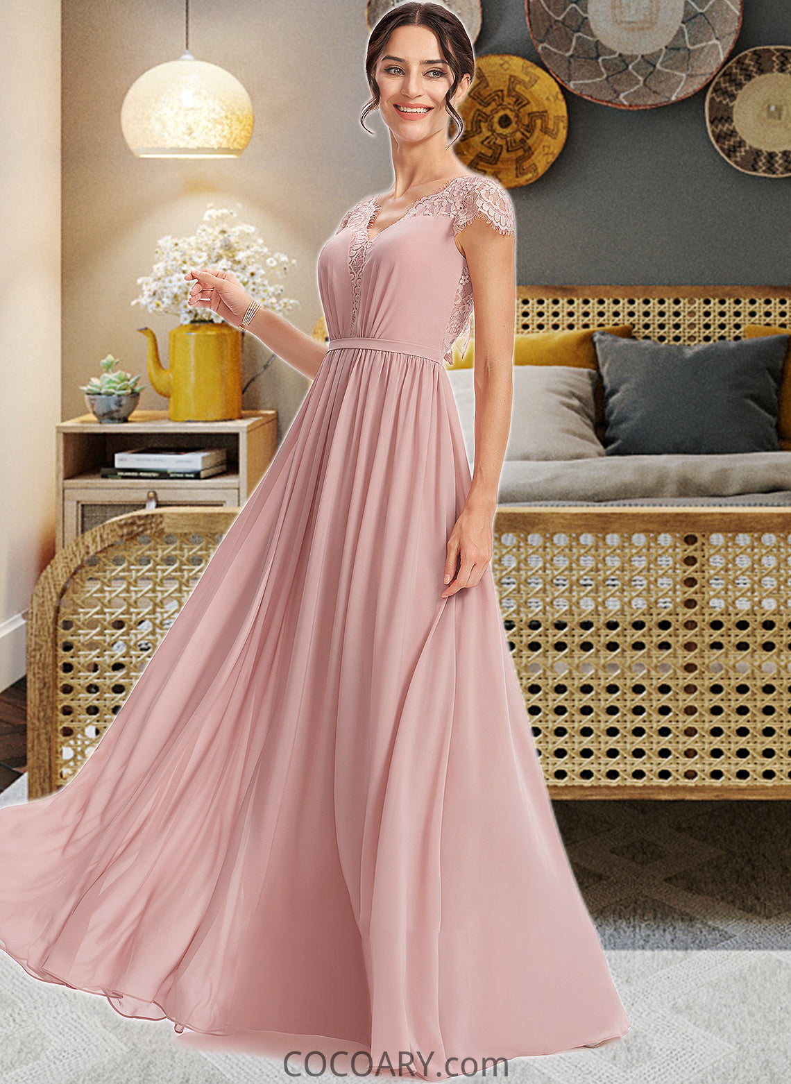 Brooke A-Line V-neck Floor-Length Bridesmaid Dress With Lace DA8P0013071