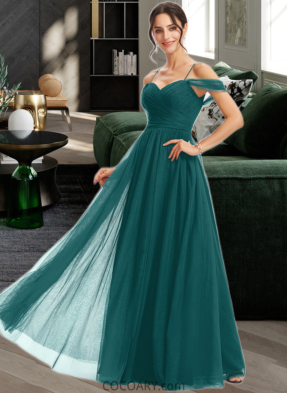 Norah A-Line V-neck Floor-Length Bridesmaid Dress With Ruffle DA8P0013072