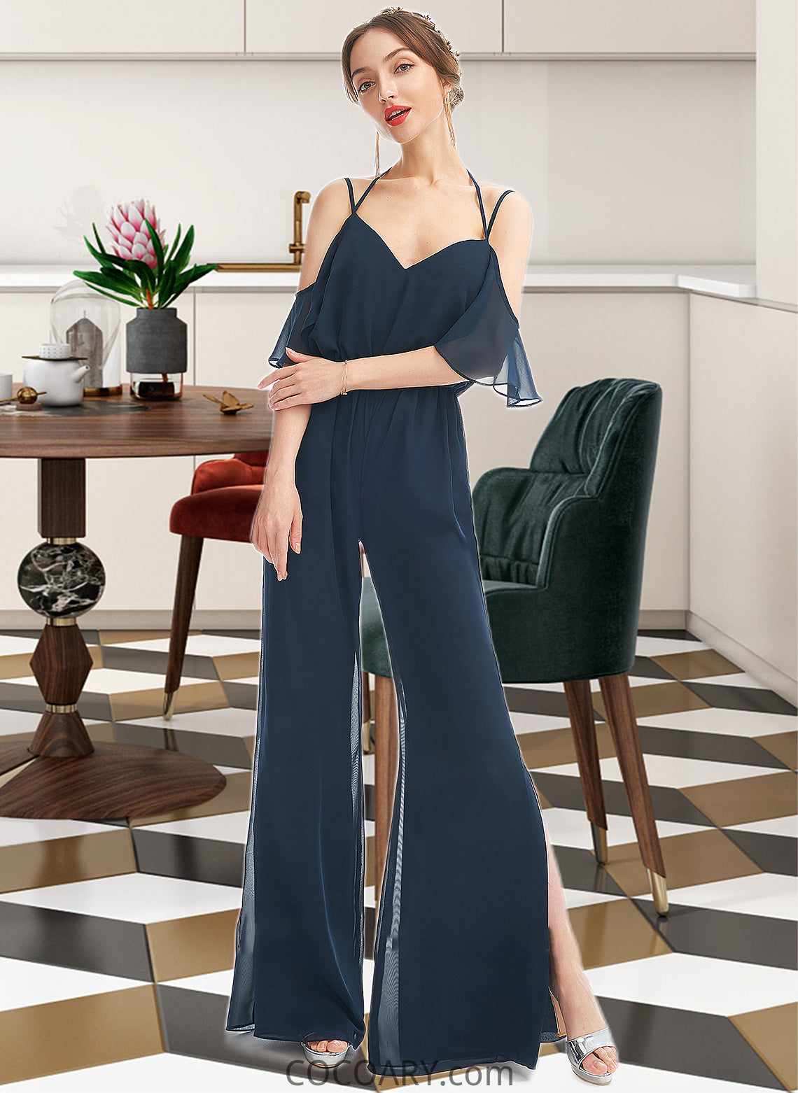 Logan Jumpsuit/Pantsuit V-neck Floor-Length Bridesmaid Dress With Ruffle DA8P0013073