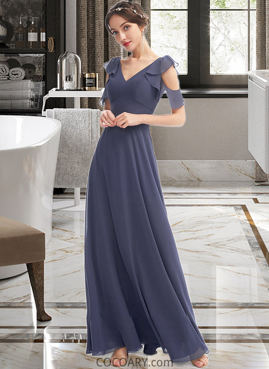 Nola A-Line V-neck Floor-Length Bridesmaid Dress With Ruffle DA8P0013074