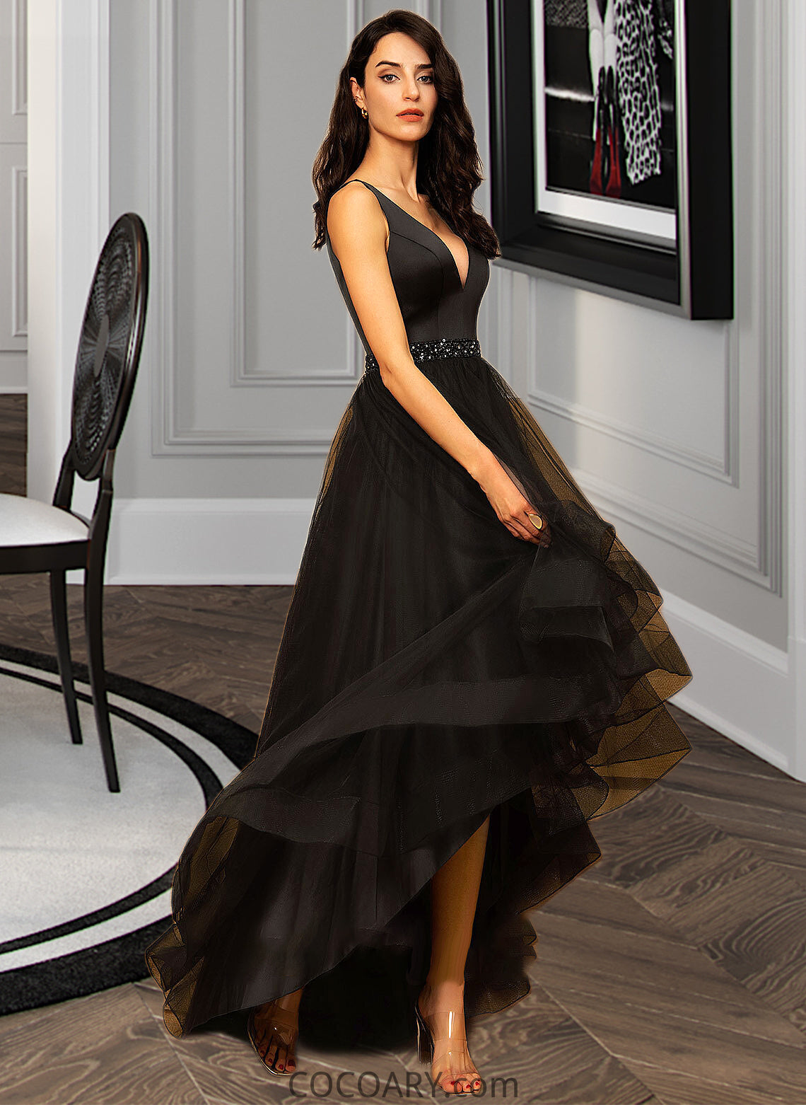 Lacey Ball-Gown/Princess V-neck Asymmetrical Tulle Bridesmaid Dress With Beading DA8P0013077