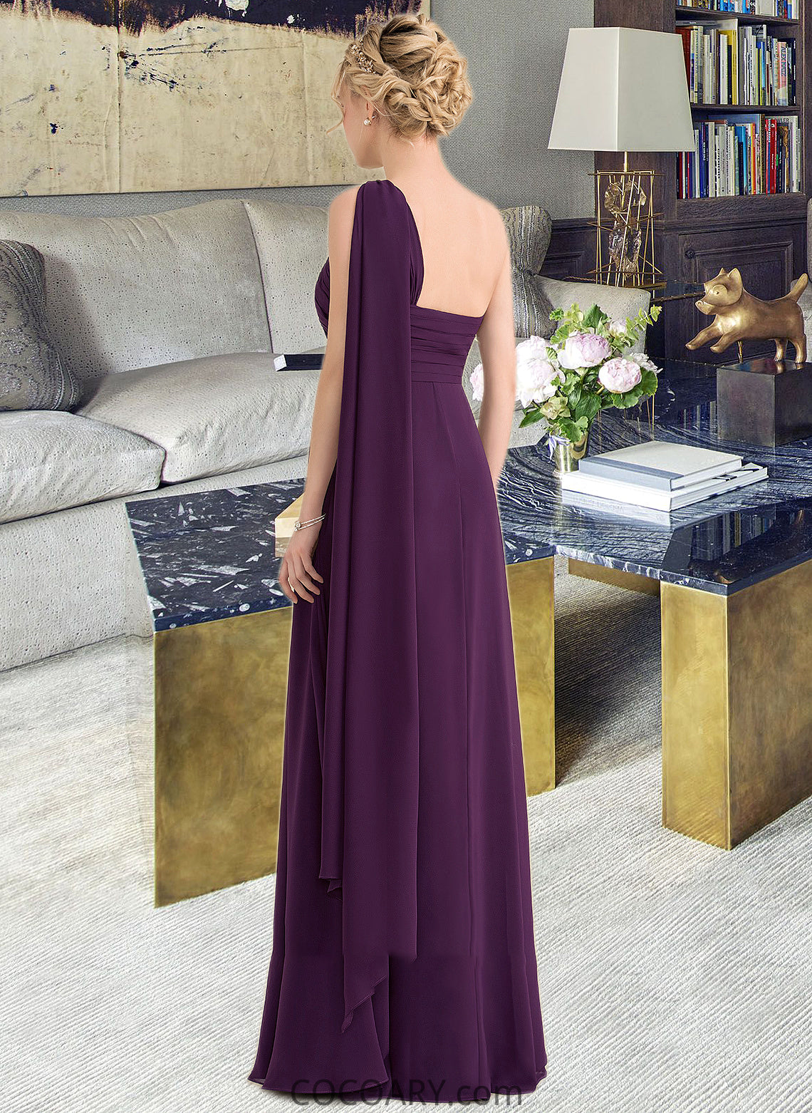 Desirae A-line One Shoulder Floor-Length Chiffon Bridesmaid Dress With Ruffle DA8P0013078