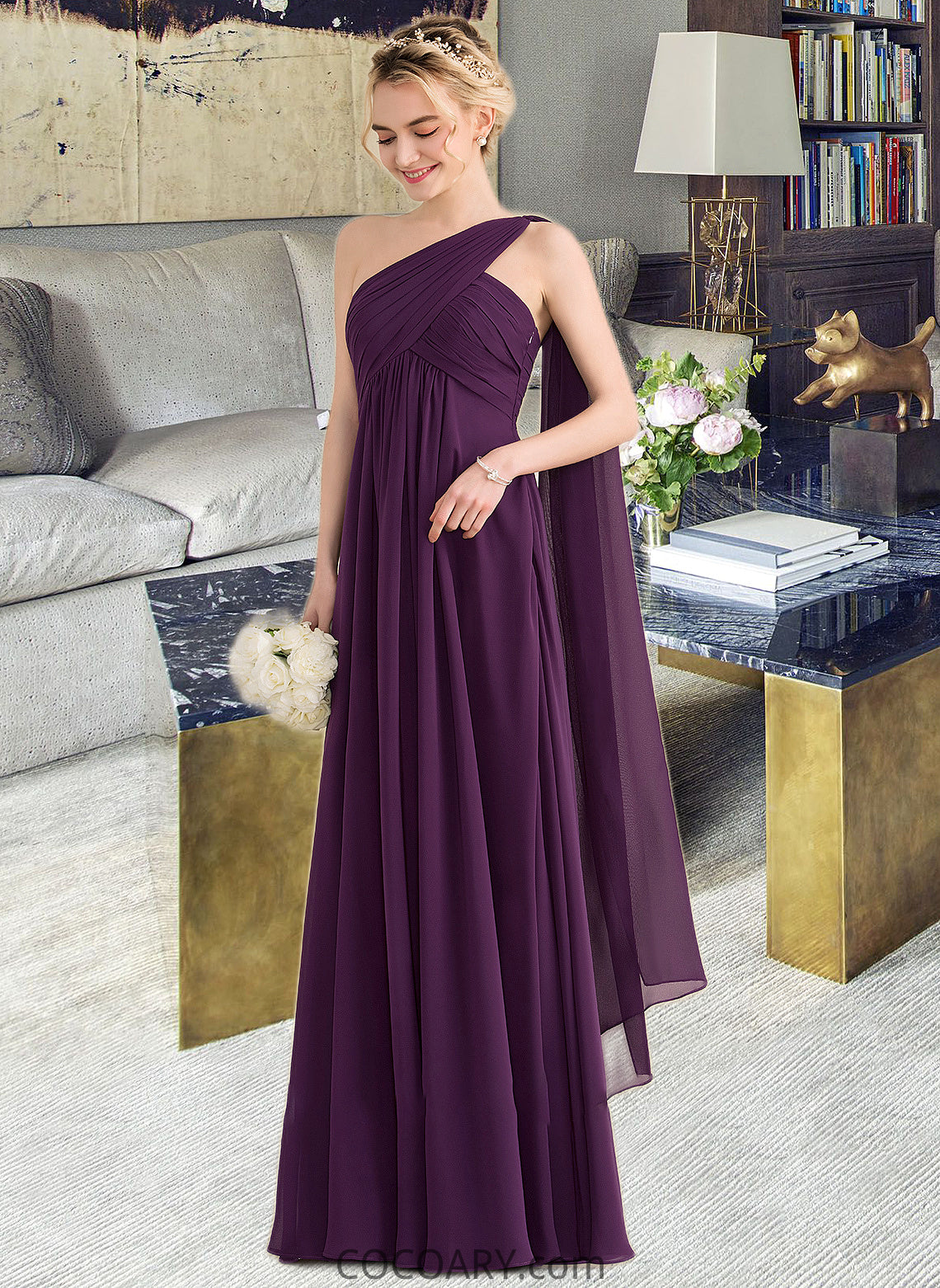 Desirae A-line One Shoulder Floor-Length Chiffon Bridesmaid Dress With Ruffle DA8P0013078