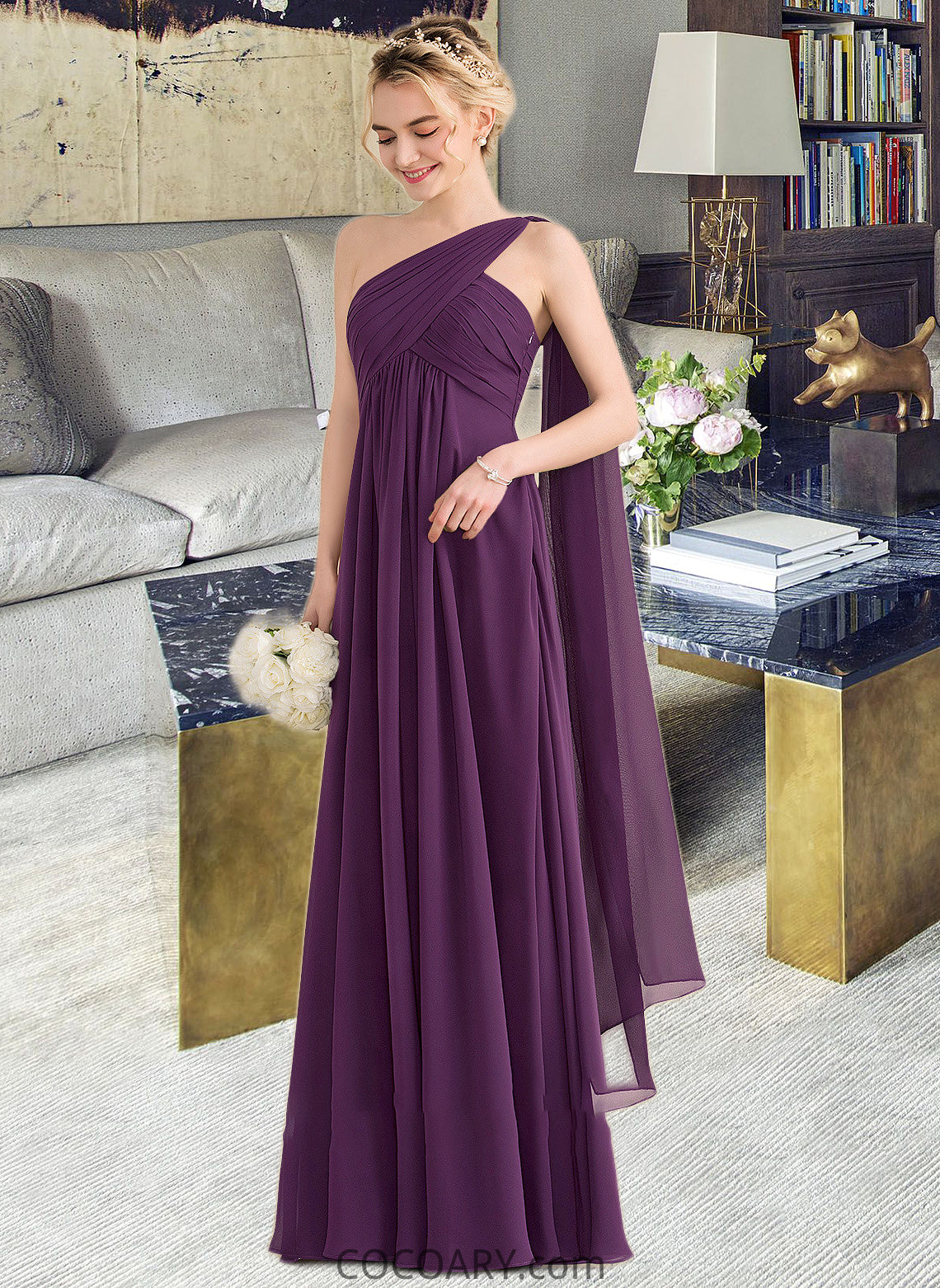 Desirae A-line One Shoulder Floor-Length Chiffon Bridesmaid Dress With Ruffle DA8P0013078