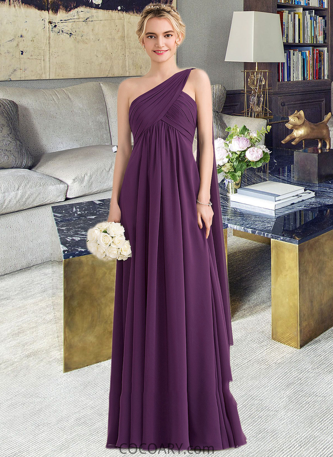 Desirae A-line One Shoulder Floor-Length Chiffon Bridesmaid Dress With Ruffle DA8P0013078