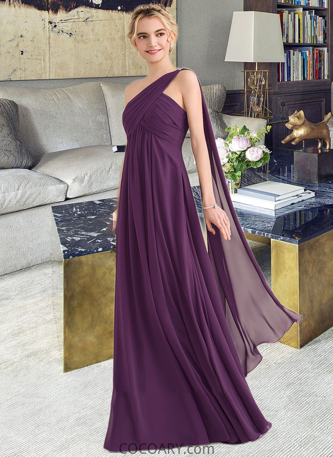 Desirae A-line One Shoulder Floor-Length Chiffon Bridesmaid Dress With Ruffle DA8P0013078