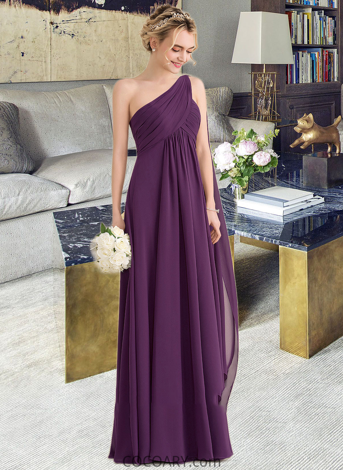 Desirae A-line One Shoulder Floor-Length Chiffon Bridesmaid Dress With Ruffle DA8P0013078