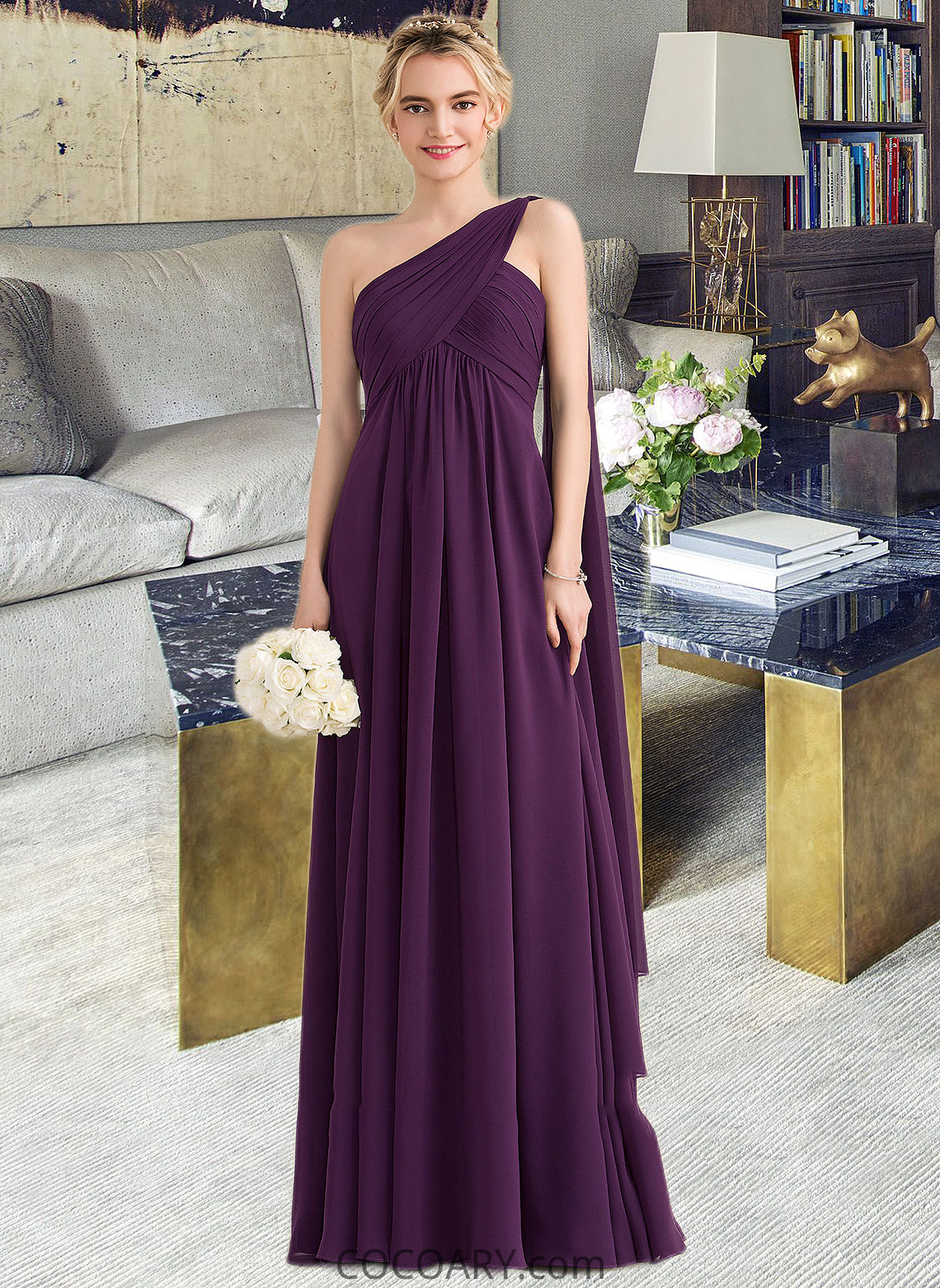 Desirae A-line One Shoulder Floor-Length Chiffon Bridesmaid Dress With Ruffle DA8P0013078