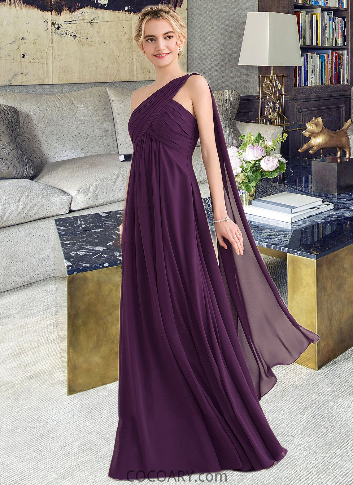 Desirae A-line One Shoulder Floor-Length Chiffon Bridesmaid Dress With Ruffle DA8P0013078