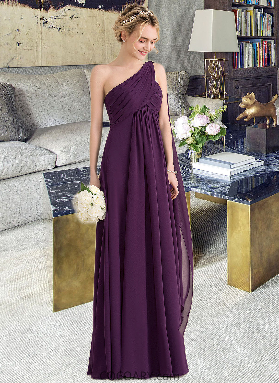 Desirae A-line One Shoulder Floor-Length Chiffon Bridesmaid Dress With Ruffle DA8P0013078