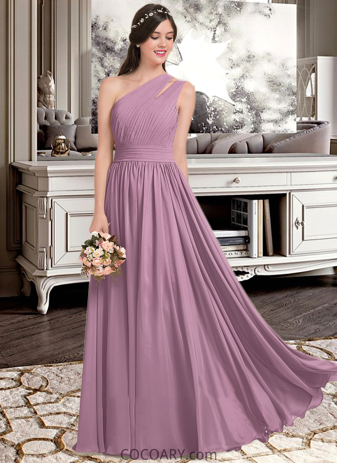 Rayna A-line One Shoulder Floor-Length Chiffon Bridesmaid Dress With Ruffle DA8P0013080