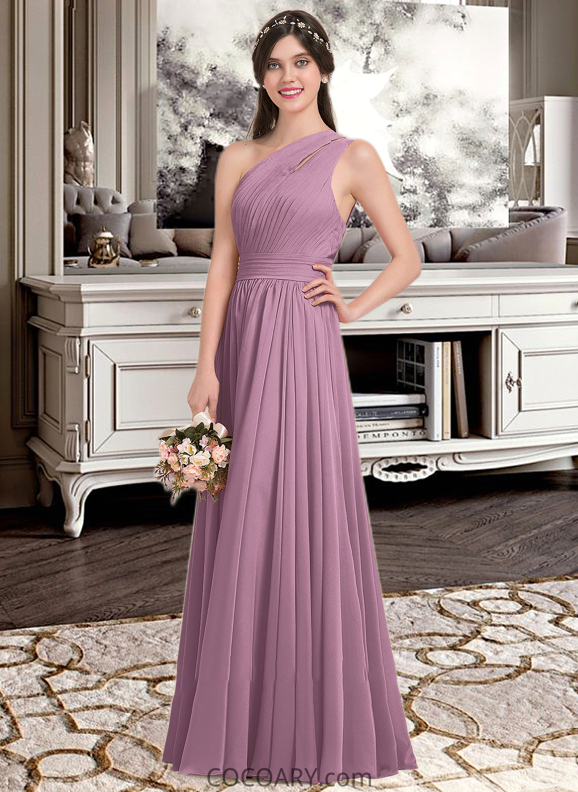 Rayna A-line One Shoulder Floor-Length Chiffon Bridesmaid Dress With Ruffle DA8P0013080