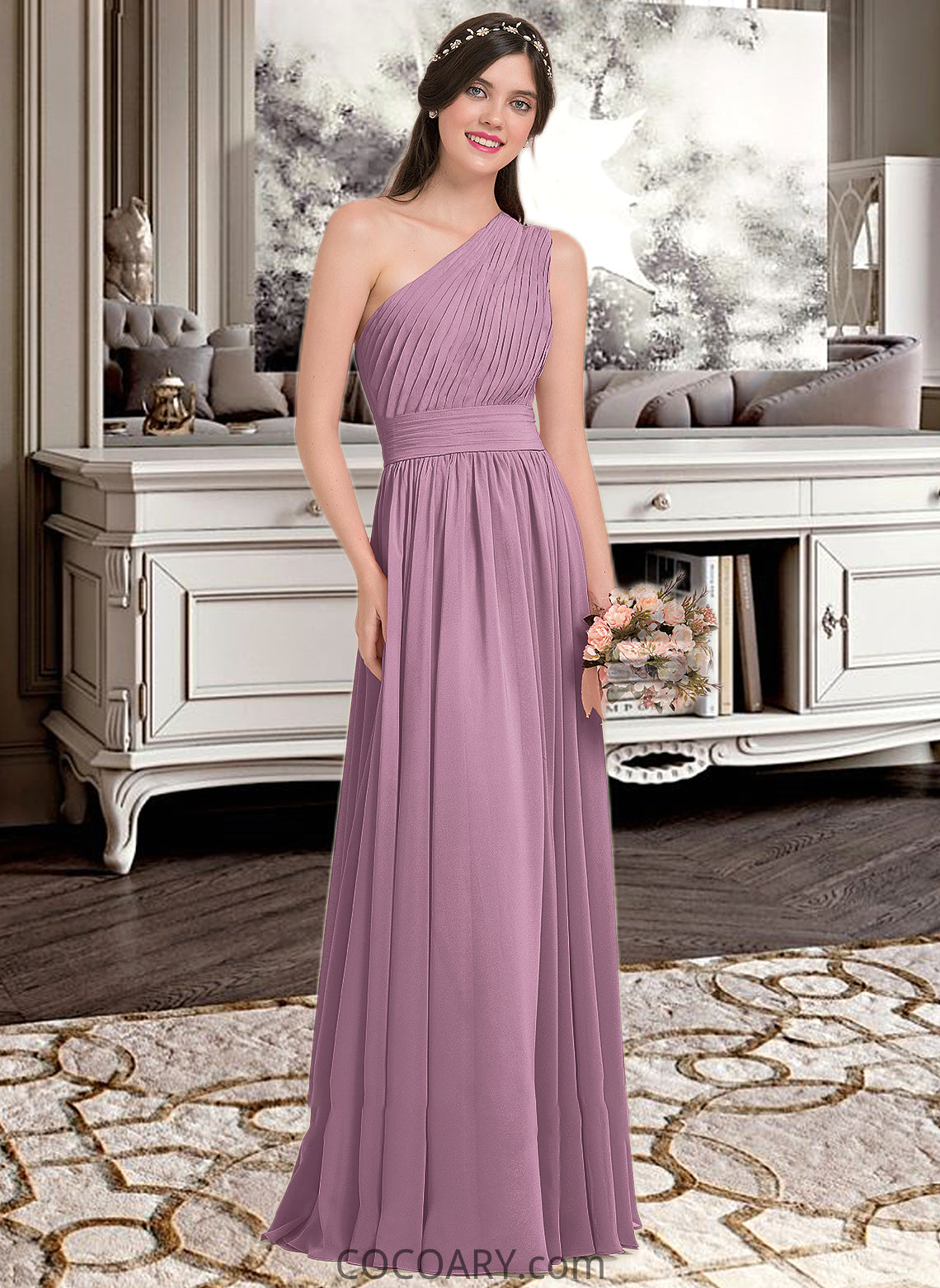 Rayna A-line One Shoulder Floor-Length Chiffon Bridesmaid Dress With Ruffle DA8P0013080