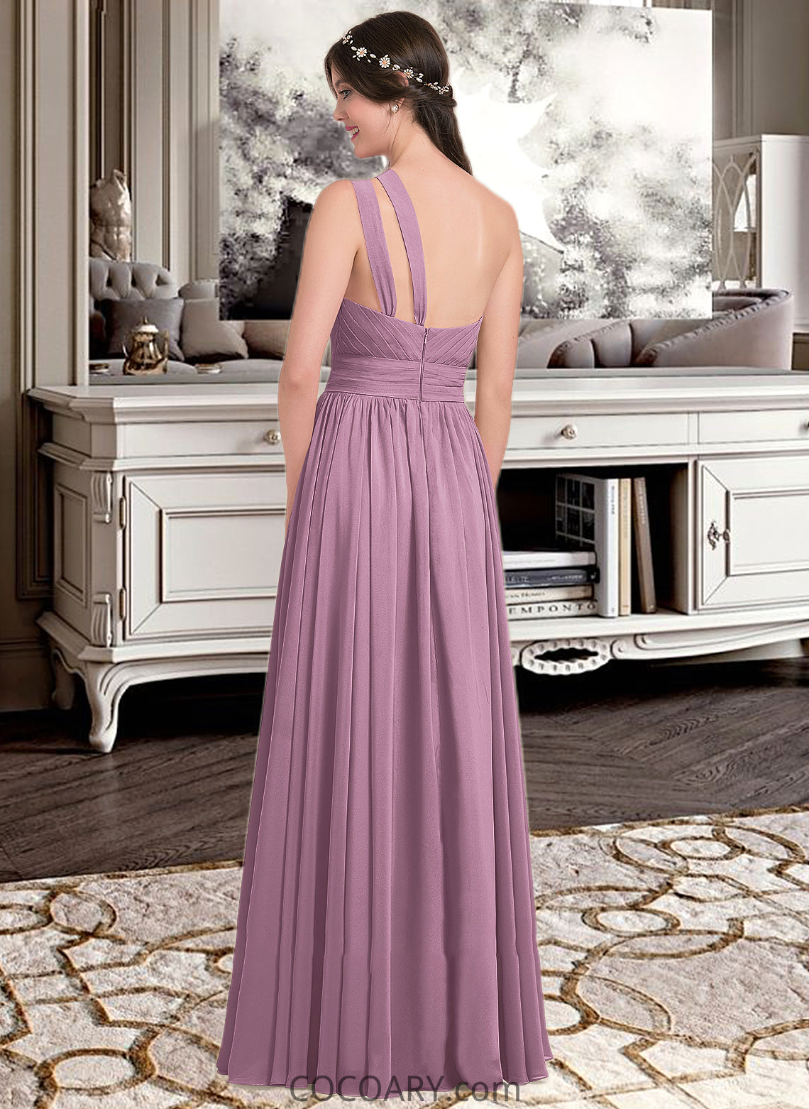 Rayna A-line One Shoulder Floor-Length Chiffon Bridesmaid Dress With Ruffle DA8P0013080