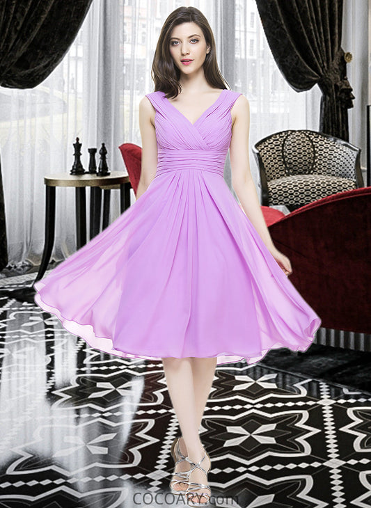 Paisley A-Line V-neck Knee-Length Chiffon Bridesmaid Dress With Ruffle DA8P0013081